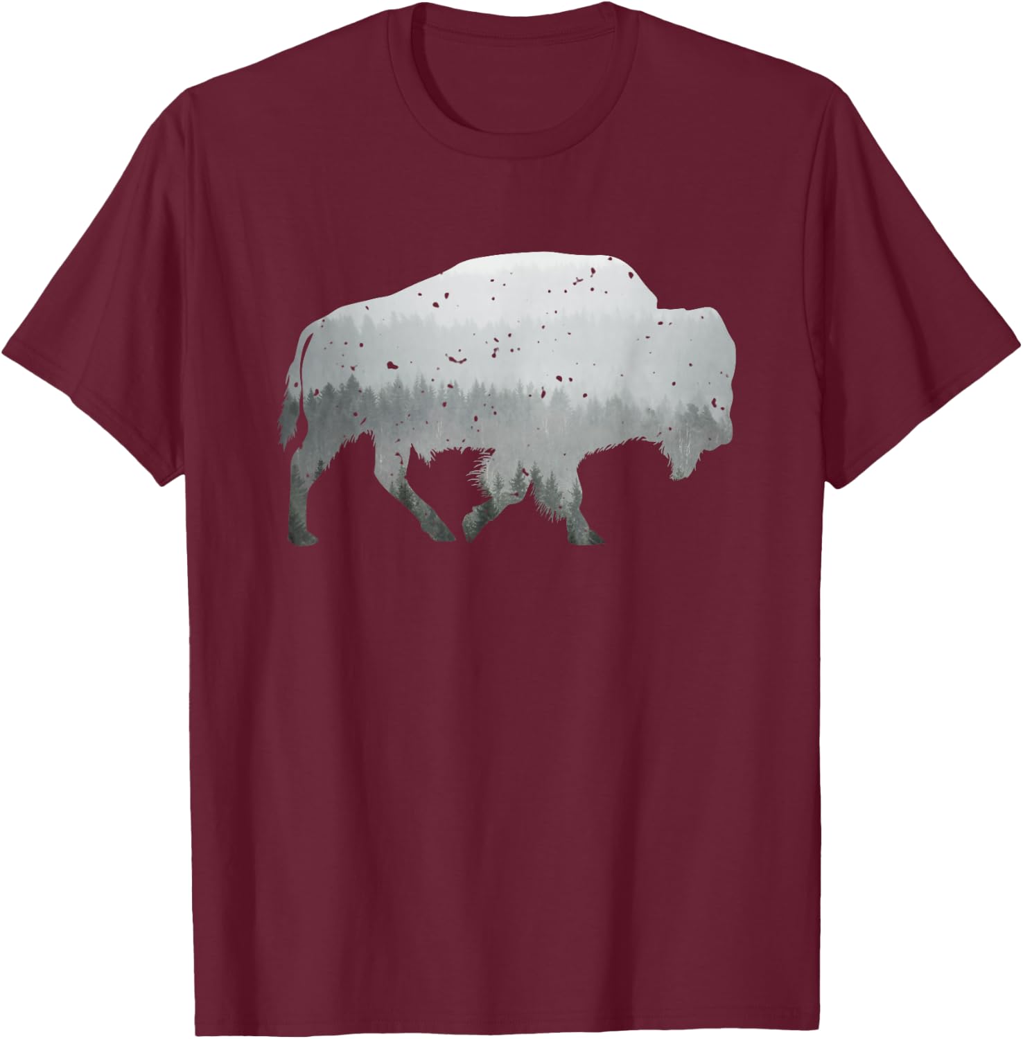 Buffalo Shaped Mountain Wildlife Wilderness Forest Mist T-Shirt - T-Shirt | Maroon