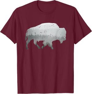Buffalo Shaped Mountain Wildlife Wilderness Forest Mist T-Shirt - T-Shirt | Maroon