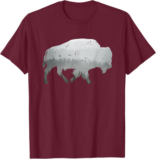 Buffalo Shaped Mountain Wildlife Wilderness Forest Mist T-Shirt - T-Shirt | Maroon