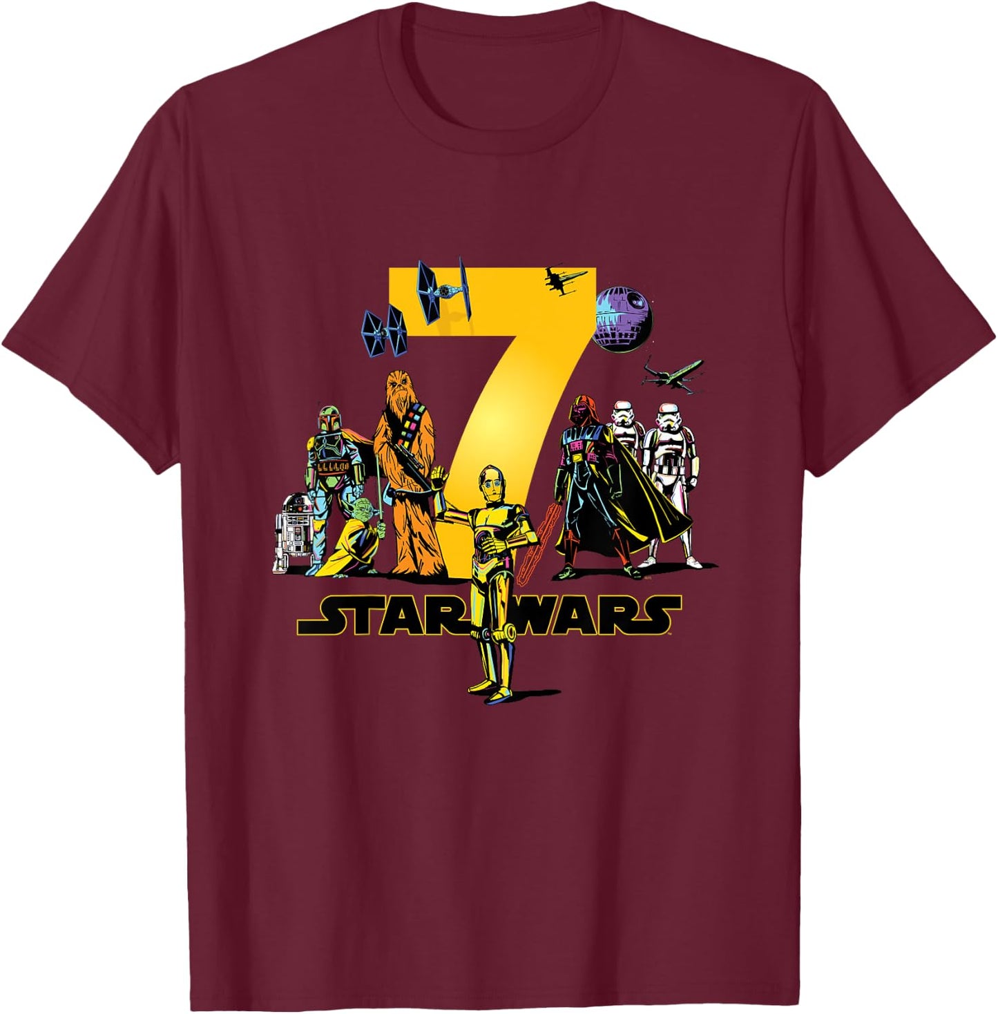 Children's Star Wars Classic Characters Seventh Birthday 7 Years Old , black T-Shirt - T-Shirt | Maroon