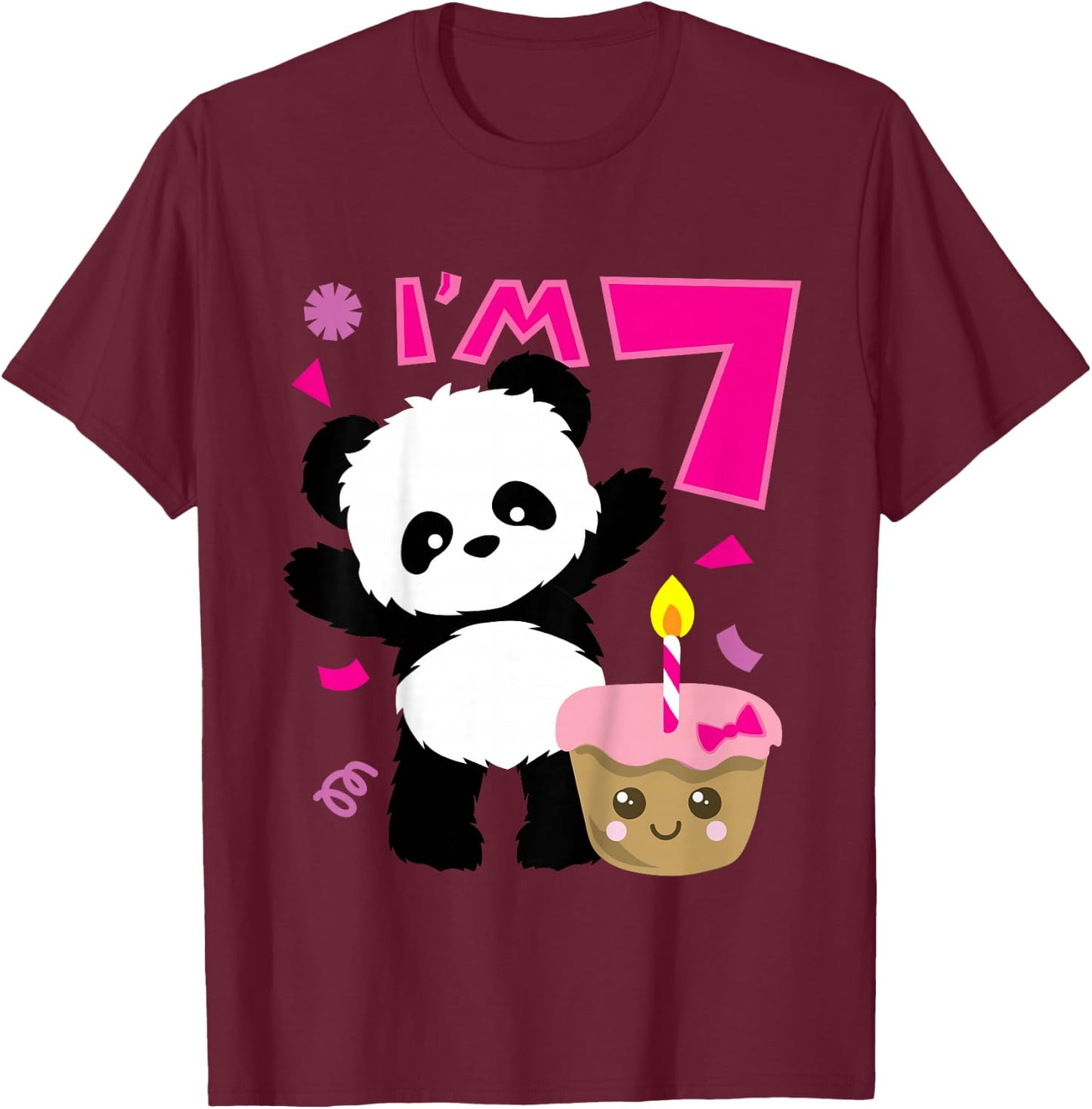 Kids Panda with Kawaii Cake 7 Years Old Girls Birthday Party T-Shirt - T-Shirt | Maroon