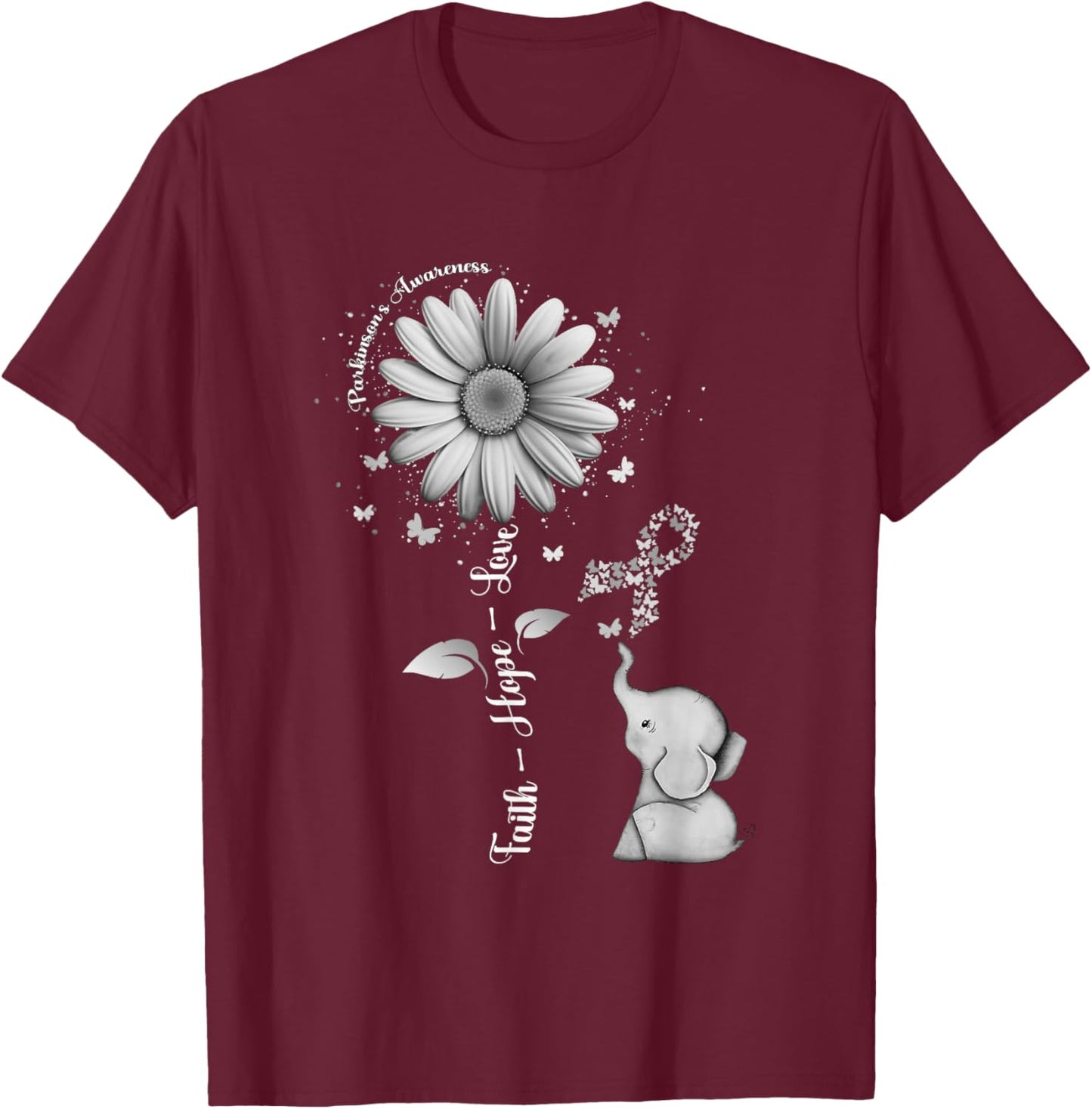 Faith Hope Love Sunflower Elephant Parkinson's Awareness T-Shirt - T-Shirt | Maroon