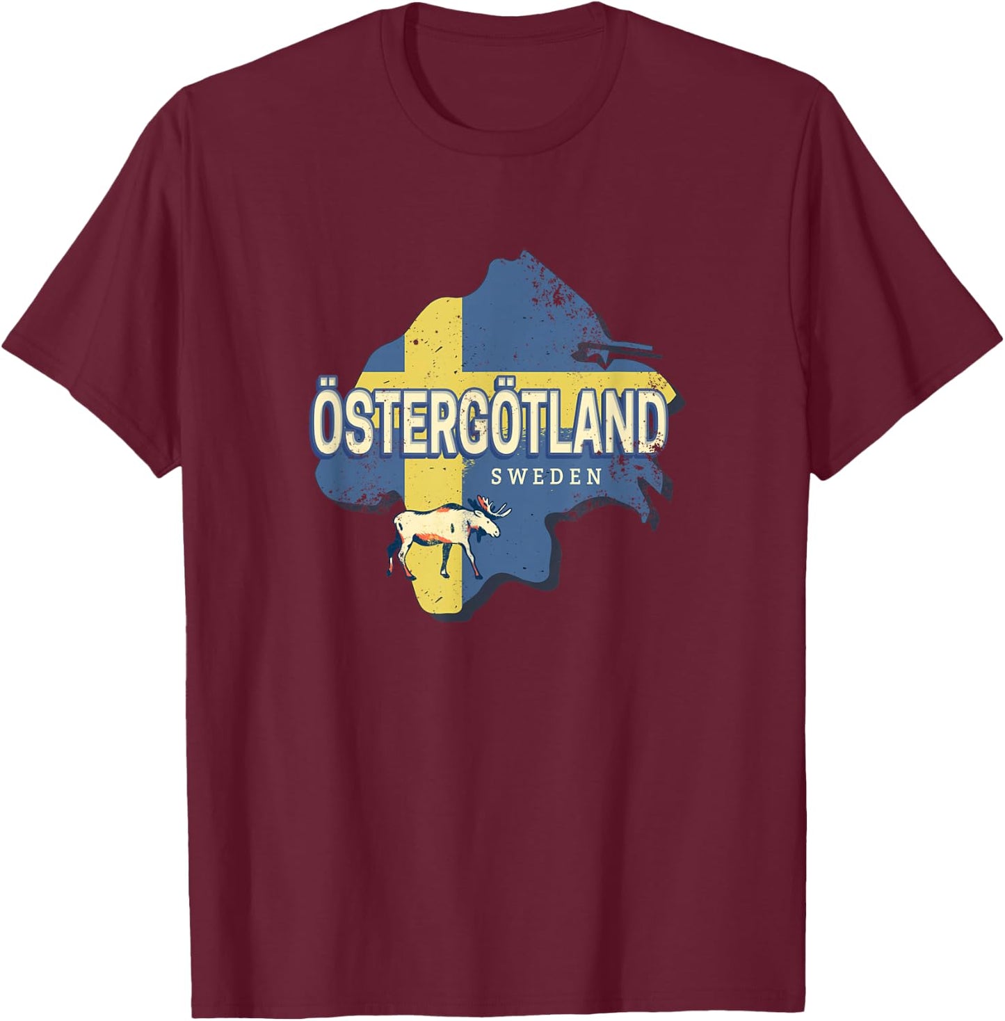 Östergötland Sweden Retro Province Map Vintage Souvenir T-Shirt - T-Shirt | Maroon