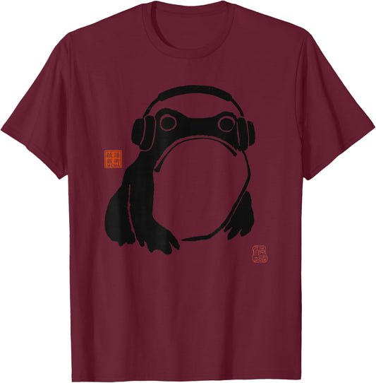 Funny Matsumoto Hoji Grumpy Frog Headphones Music Art T-Shirt - T-Shirt | Maroon