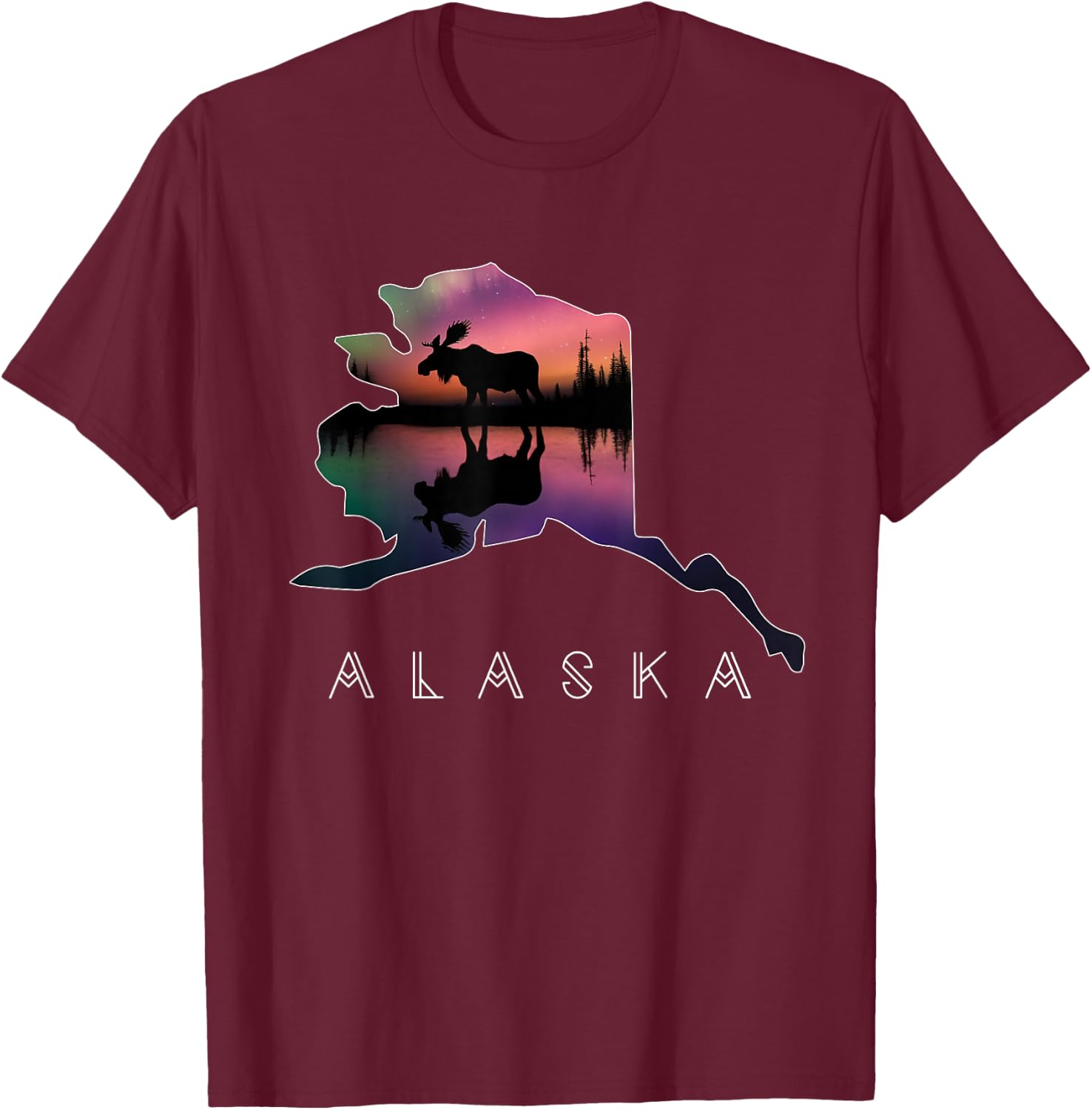 Alaskan Moose Aurora Borealis Alaska State & Landscape T-Shirt - T-Shirt | Maroon