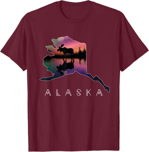 Alaskan Moose Aurora Borealis Alaska State & Landscape T-Shirt - T-Shirt | Maroon