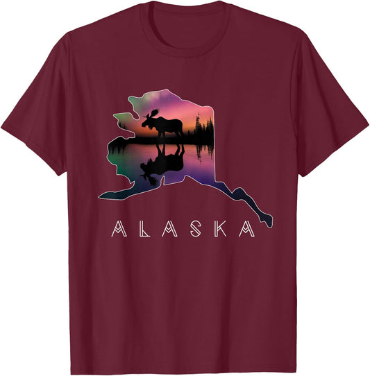 Alaskan Moose Aurora Borealis Alaska State & Landscape T-Shirt - T-Shirt | Maroon