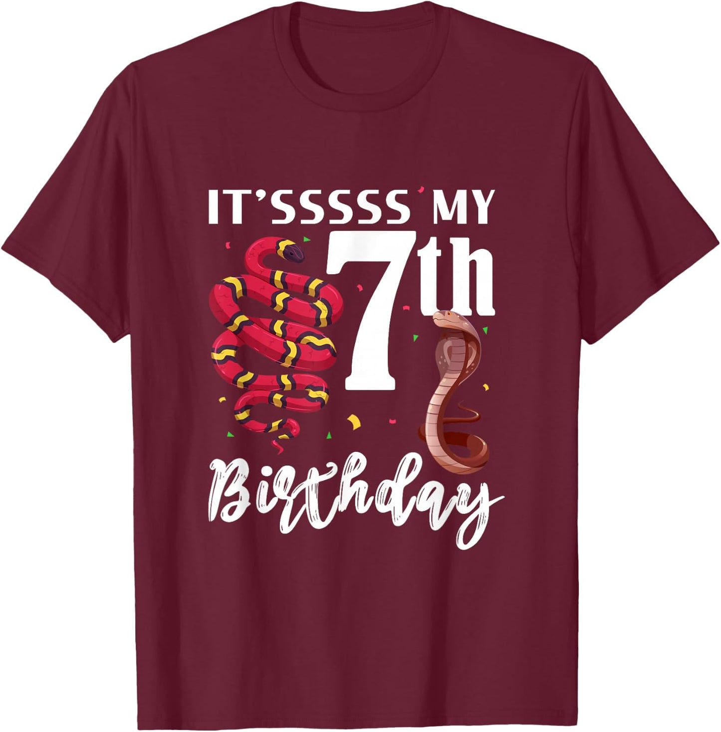 7th Birthday Snake Cobra 7 Years Old Snakes Lover Kids T-Shirt - T-Shirt | Maroon