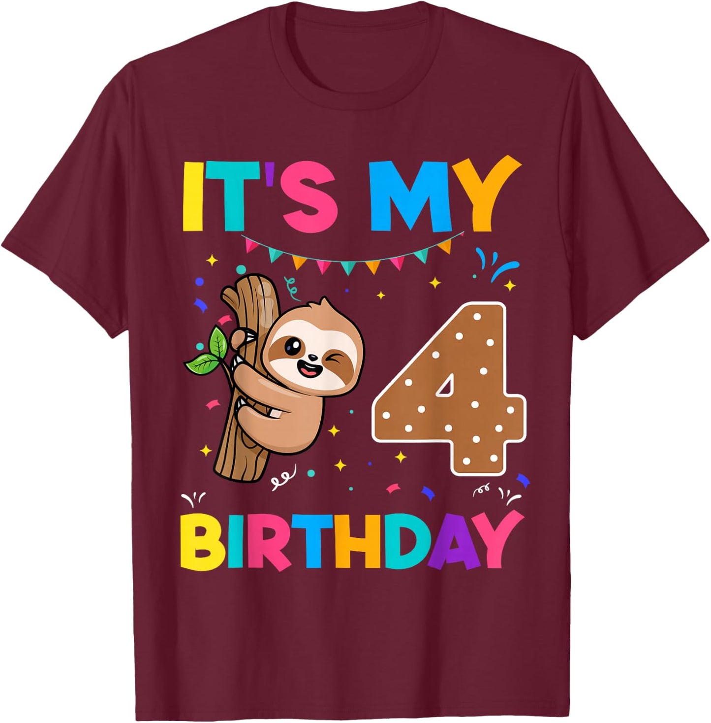 Birthday Sloth 4 years old 4th Birthday Sloth Lover T-Shirt - T-Shirt | Maroon