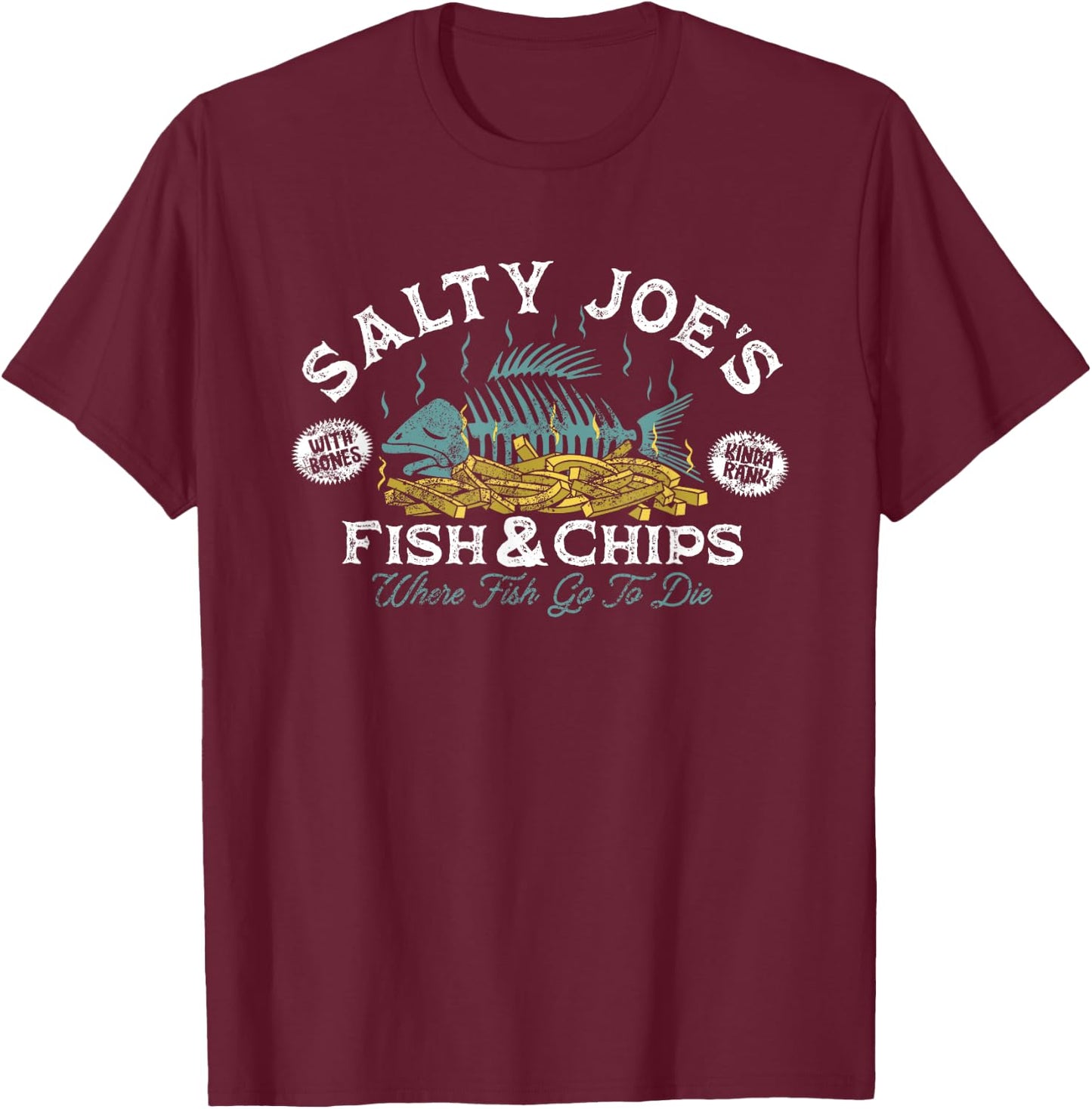 Salty Joe's Fish and Chips Logo Surf Shop Graphic T-Shirt - T-Shirt | Maroon