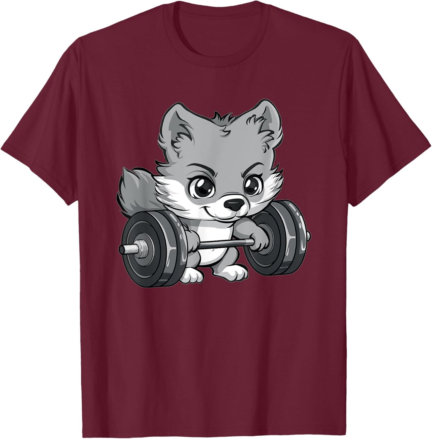 Cute Gray Wolf Weightlifting T-Shirt - T-Shirt | Maroon