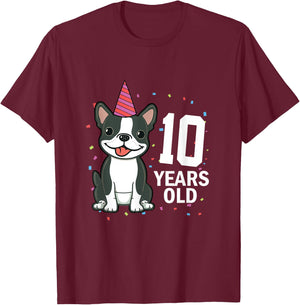 10 Years Old Birthday Boston Terrier Dog Lover 10th Party Women Kids T-Shirt - T-Shirt | Maroon