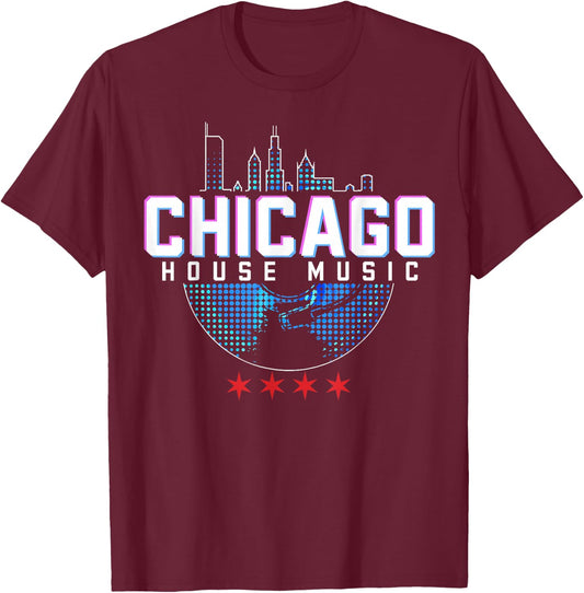 Chicago House Music Vinyl Dj Raver Flag Skyline Apparel T-Shirt - T-Shirt | Maroon