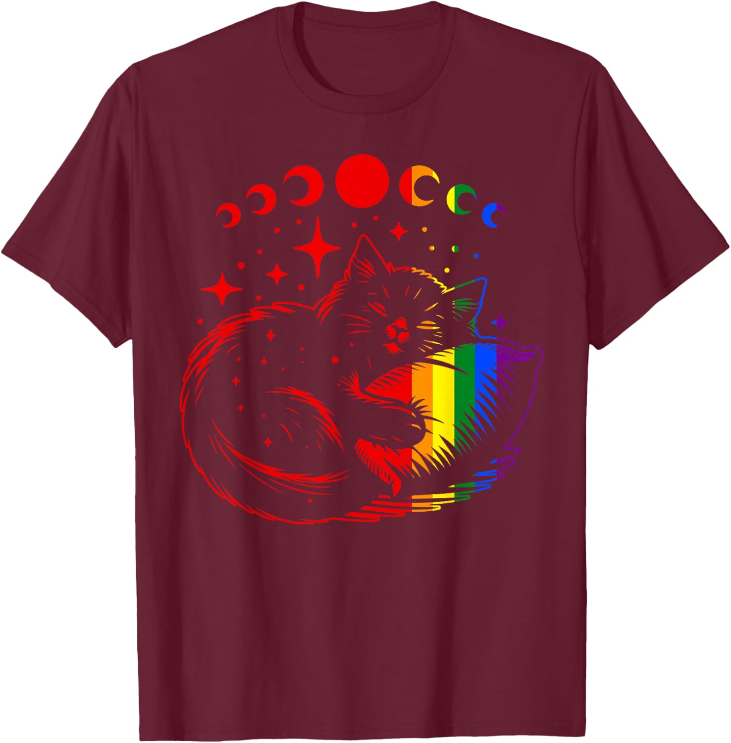 Rainbow Cat Sleeping with Moon Phases and Stars Gay Pride T-Shirt - T-Shirt | Maroon