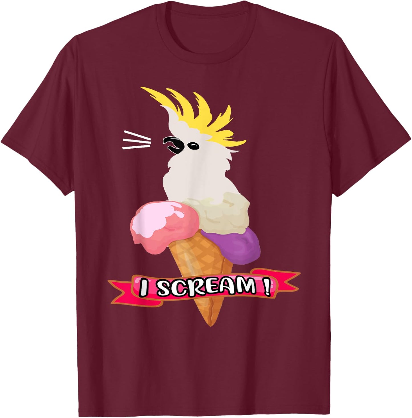 Sulfur Crested Cockatoo Ice Cream Parrot - Cockatoo . T-Shirt - T-Shirt | Maroon