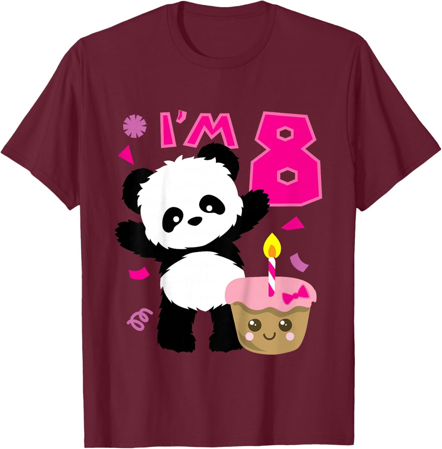 Kids Panda with Kawaii Cake 8 Years Old Girls Birthday Party T-Shirt - T-Shirt | Maroon