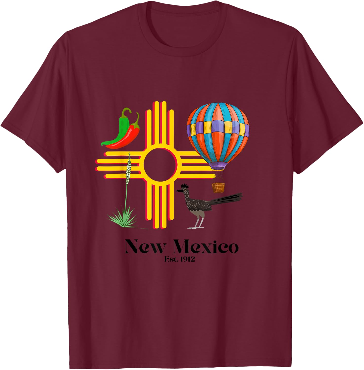 New Mexico Zia: Chiles, Balloon, Roadrunner, Yucca Est. 1912 T-Shirt - T-Shirt | Maroon