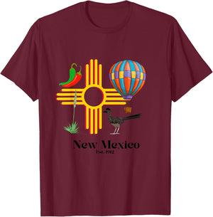 New Mexico Zia: Chiles, Balloon, Roadrunner, Yucca Est. 1912 T-Shirt - T-Shirt | Maroon