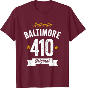 410 Baltimore Area Code Distressed Authentic (Dark) T-Shirt - T-Shirt | Maroon