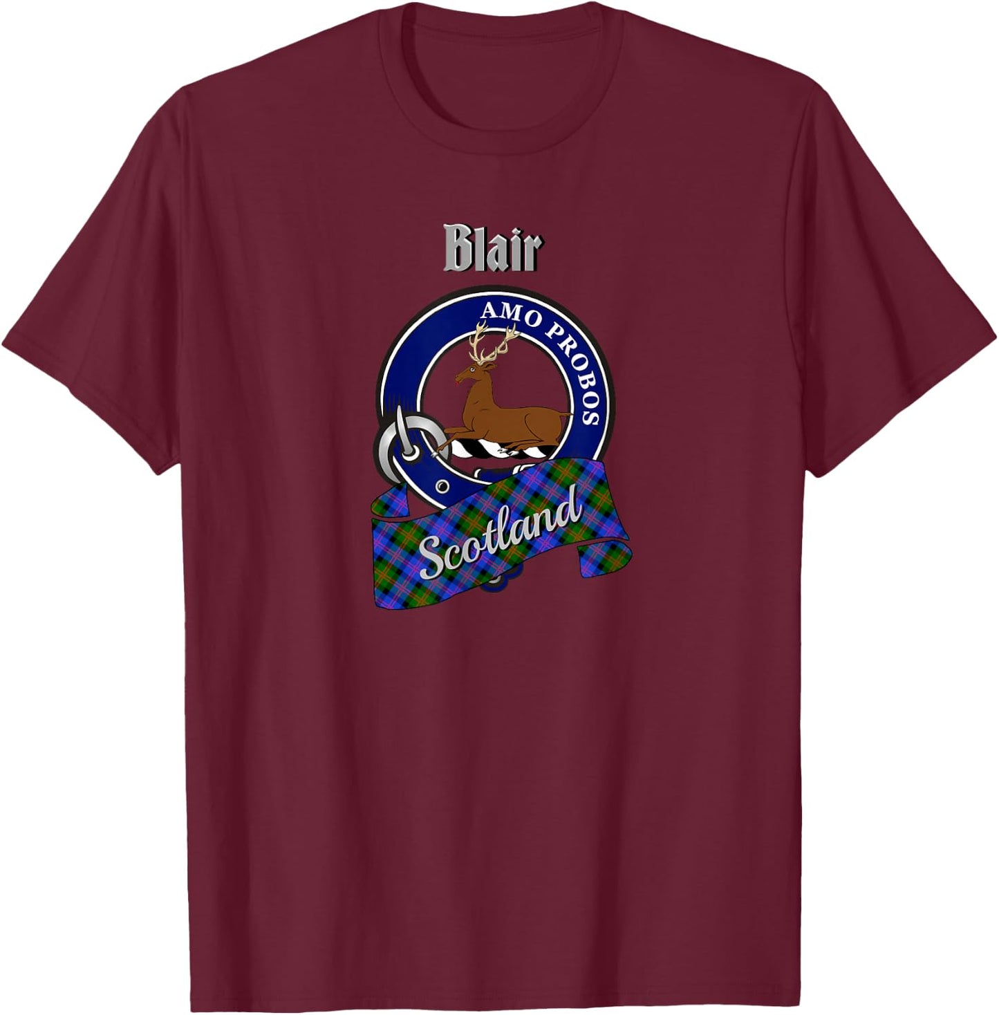 Blair Scottish Clan Badge & Tartan T-Shirt - T-Shirt | Maroon