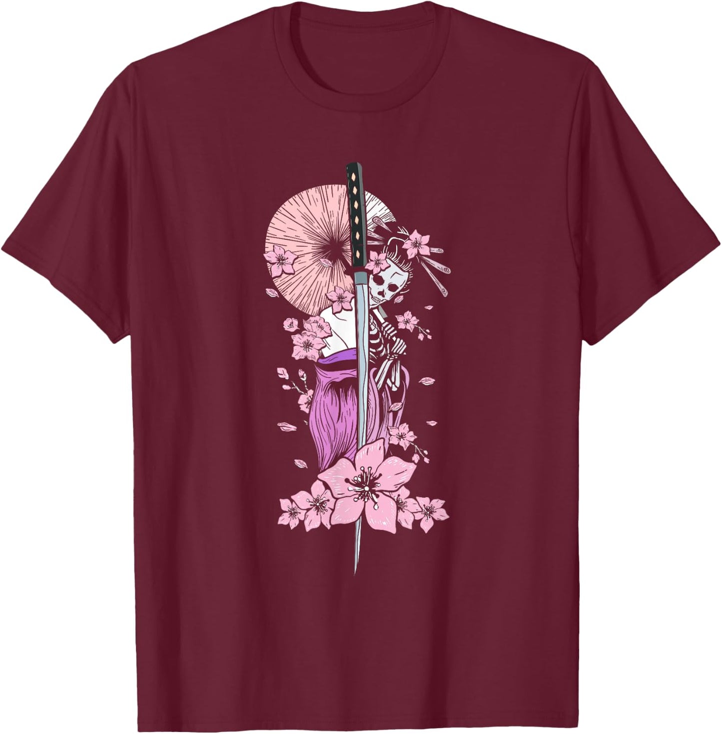 Japanese Geisha with Geisha and Cherry Blossom and Sakura T-Shirt - T-Shirt | Maroon