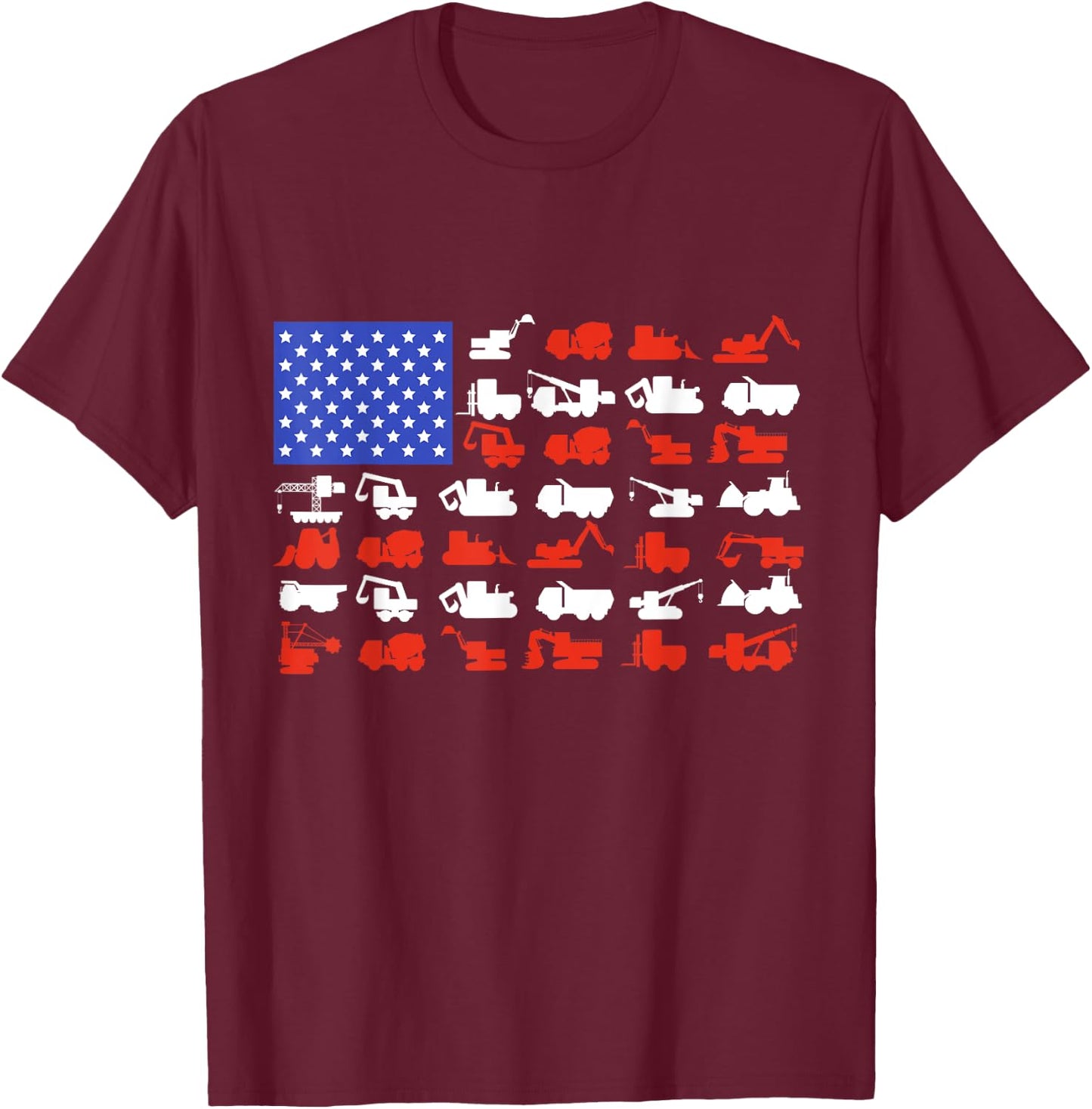 Construction Vehicles USA American Flag Excavator Trucks T-Shirt - T-Shirt | Maroon