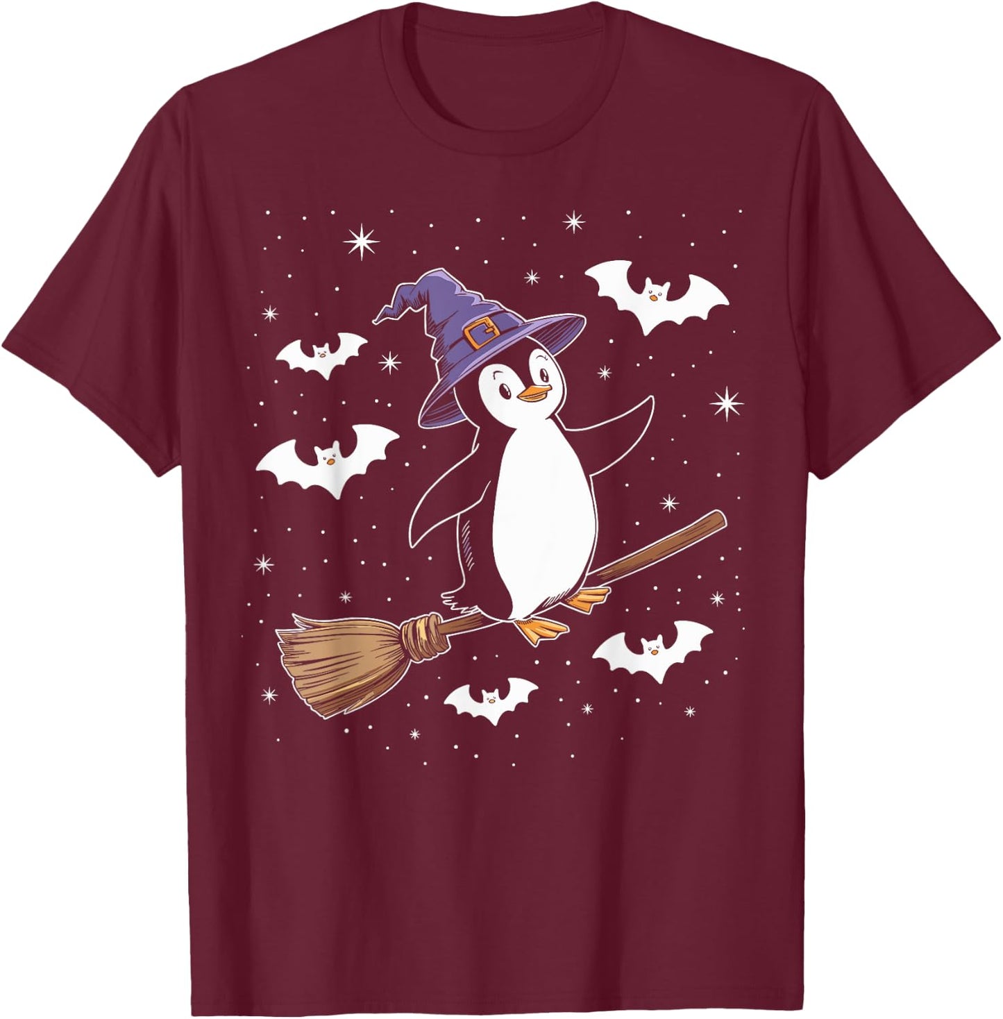 Funny Witch Broomstick Penguin Lovers Spooky Halloween T-Shirt - T-Shirt | Maroon