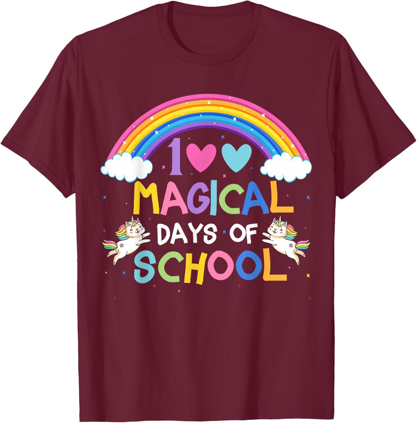 100 Magical Days of School Rainbow Unicorn Cat 100th Day T-Shirt - T-Shirt | Maroon