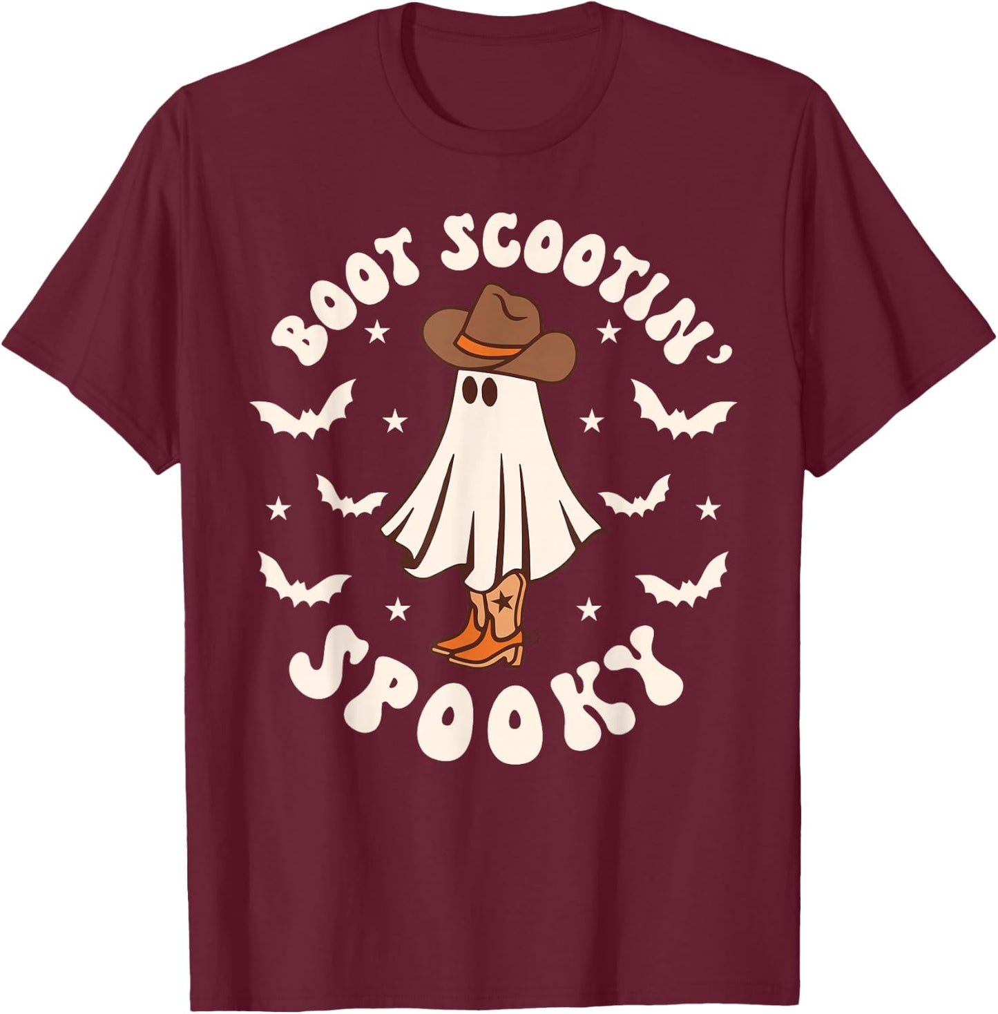 Retro Western Halloween Cute Ghost Funny Boot Scootin Spooky T-Shirt - T-Shirt | Maroon