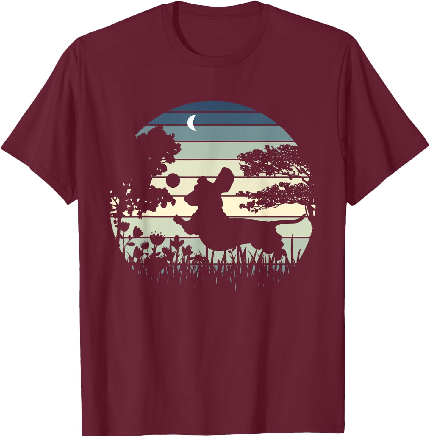 Dachshund Wiener Dog Sunset Garden Nature Lover T-Shirt - T-Shirt | Maroon