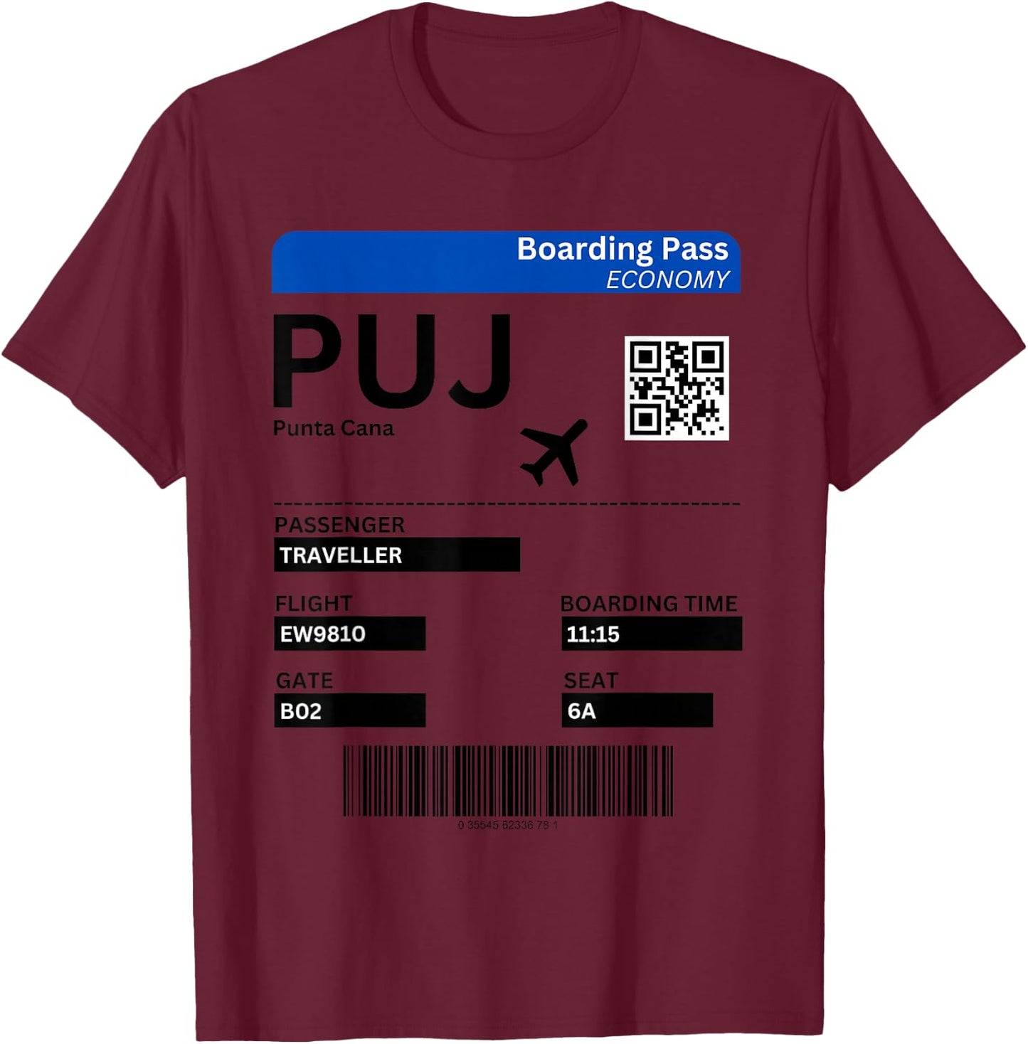 Boarding Pass Punta Cana Dominican Republic , grey, S T-Shirt - T-Shirt | Maroon