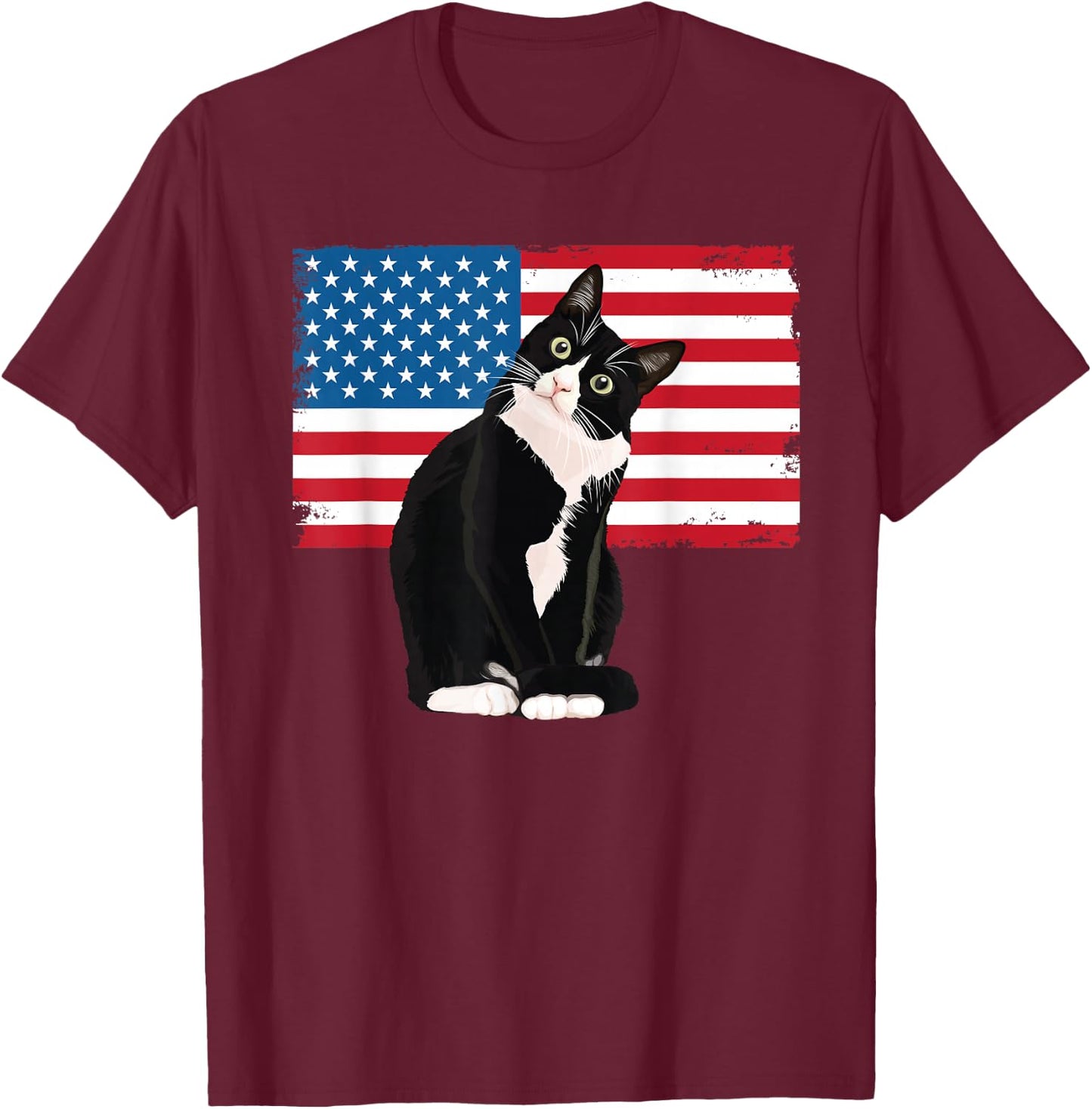 Tuxedo Cat 4th of July Patriotic Gift Adults Kids T-Shirt - T-Shirt | Maroon