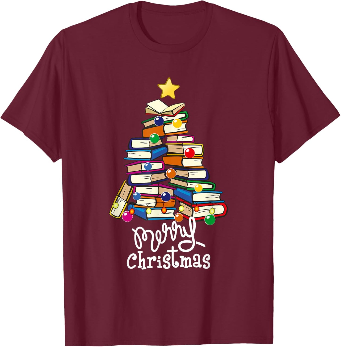Merry Christmas Tree Love Reading Books Librarian Nerd T-Shirt - T-Shirt | Maroon