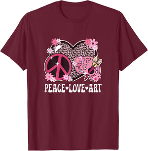 Peace Love Art Lover Artist Leopard Print Women Art Teacher T-Shirt - T-Shirt | Maroon