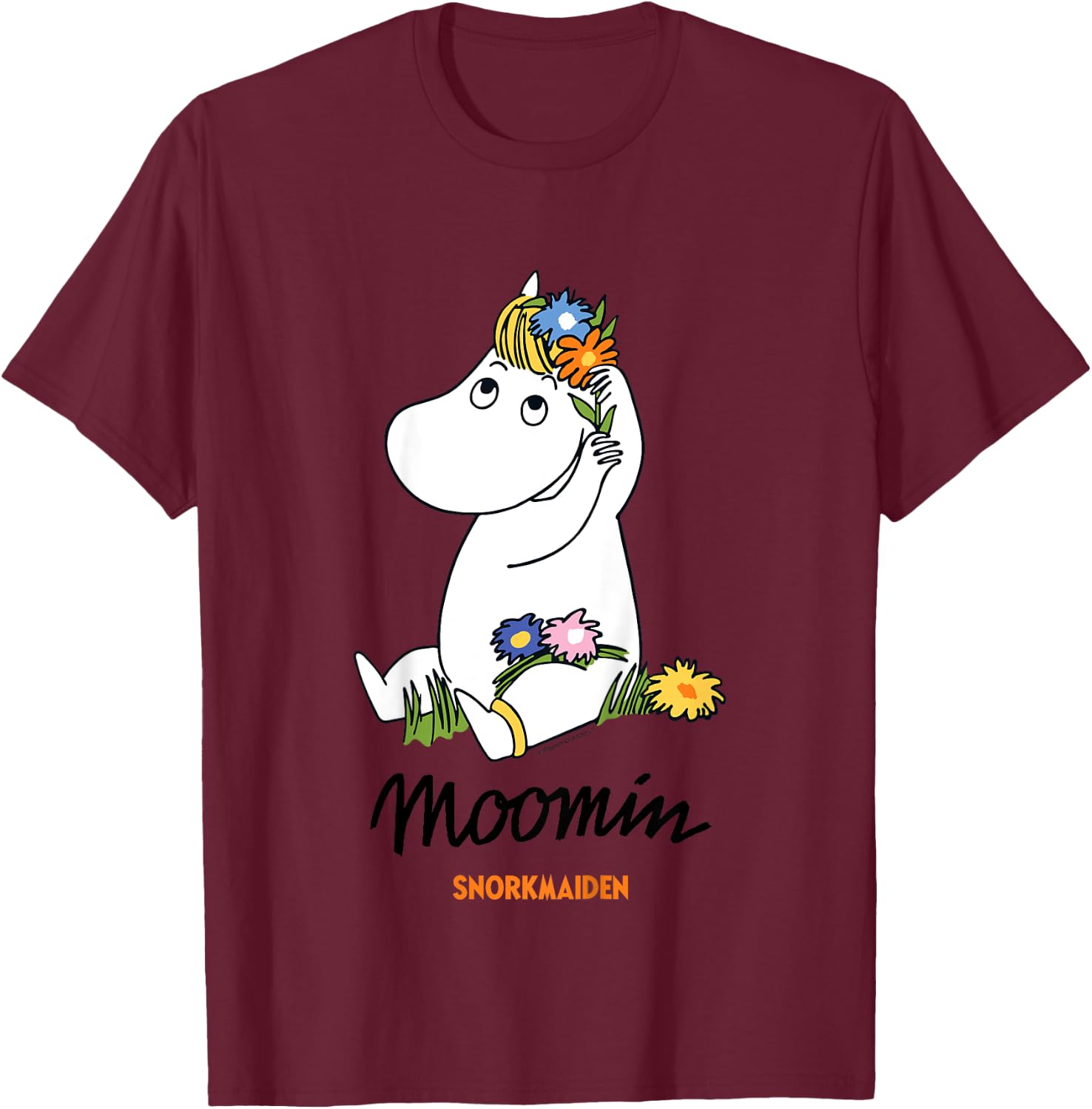 Children's with Moomin Snorkmaiden Flowers in Hair, White T-Shirt - T-Shirt | Maroon