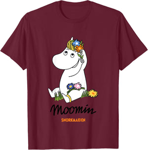 Children's with Moomin Snorkmaiden Flowers in Hair, White T-Shirt - T-Shirt | Maroon