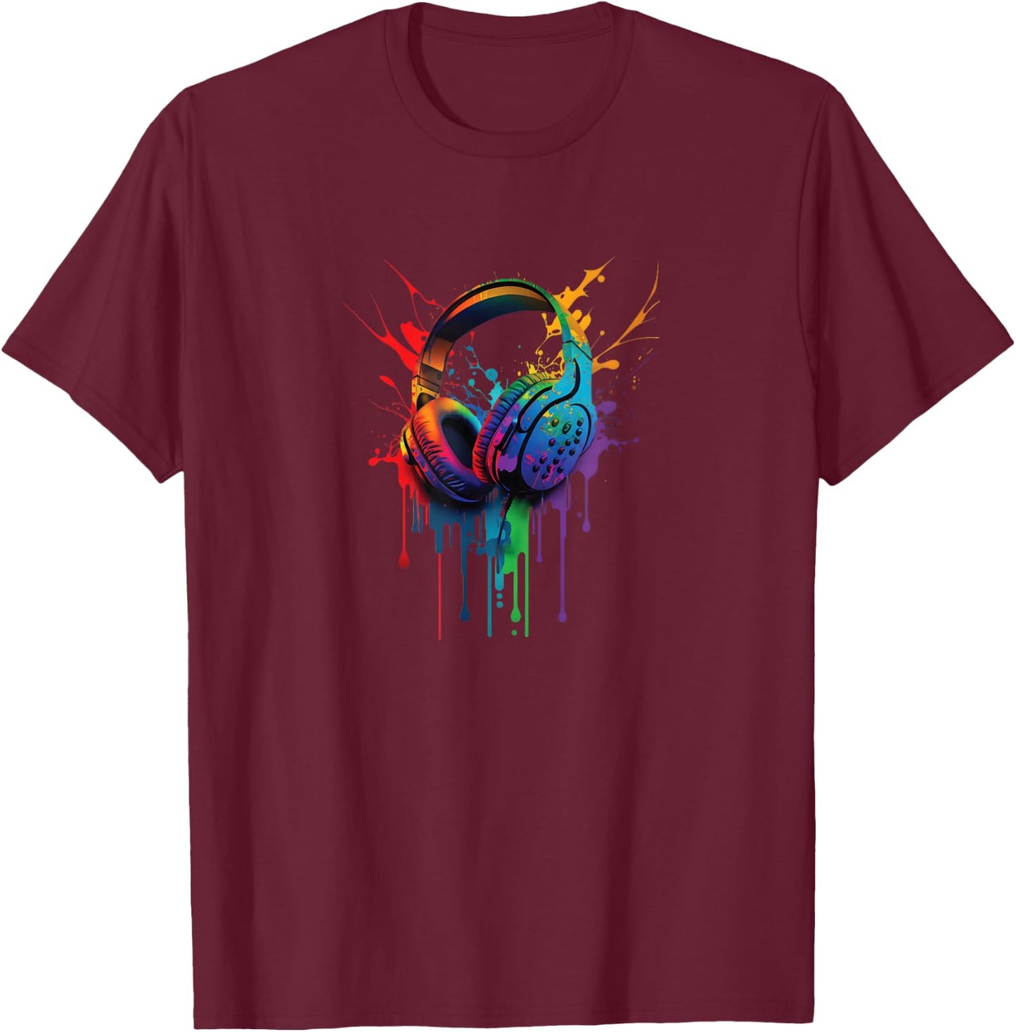 Music Headset Headphones Audiophile Paint Drip T-Shirt - T-Shirt | Maroon