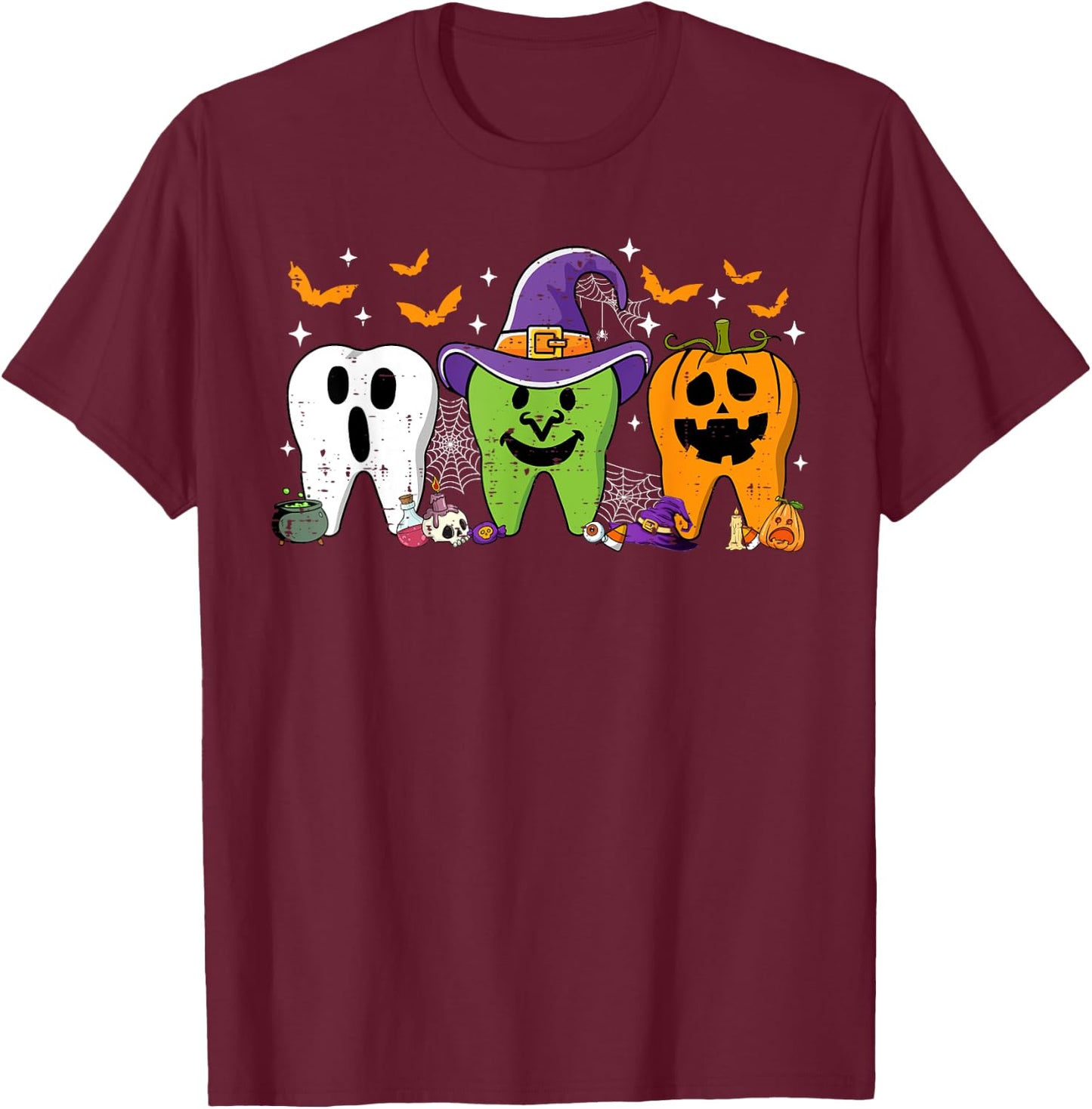 Cute Dental Halloween Dentist Teeth Ghost Pumpkin Witch T-Shirt - T-Shirt | Maroon