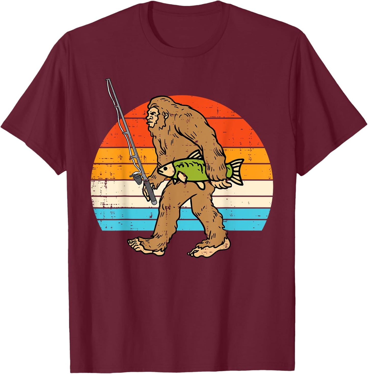 Bigfoot Sasquatch Fishing Retro Fisherman Men Women Kids Boy T-Shirt - T-Shirt | Maroon