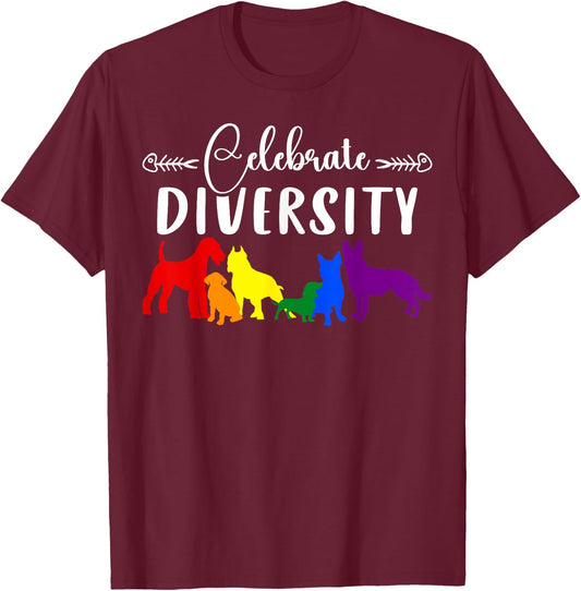 Celebrate Diversity Rainbow Dogs LGBTQ+ Pride T-Shirt - T-Shirt | Maroon
