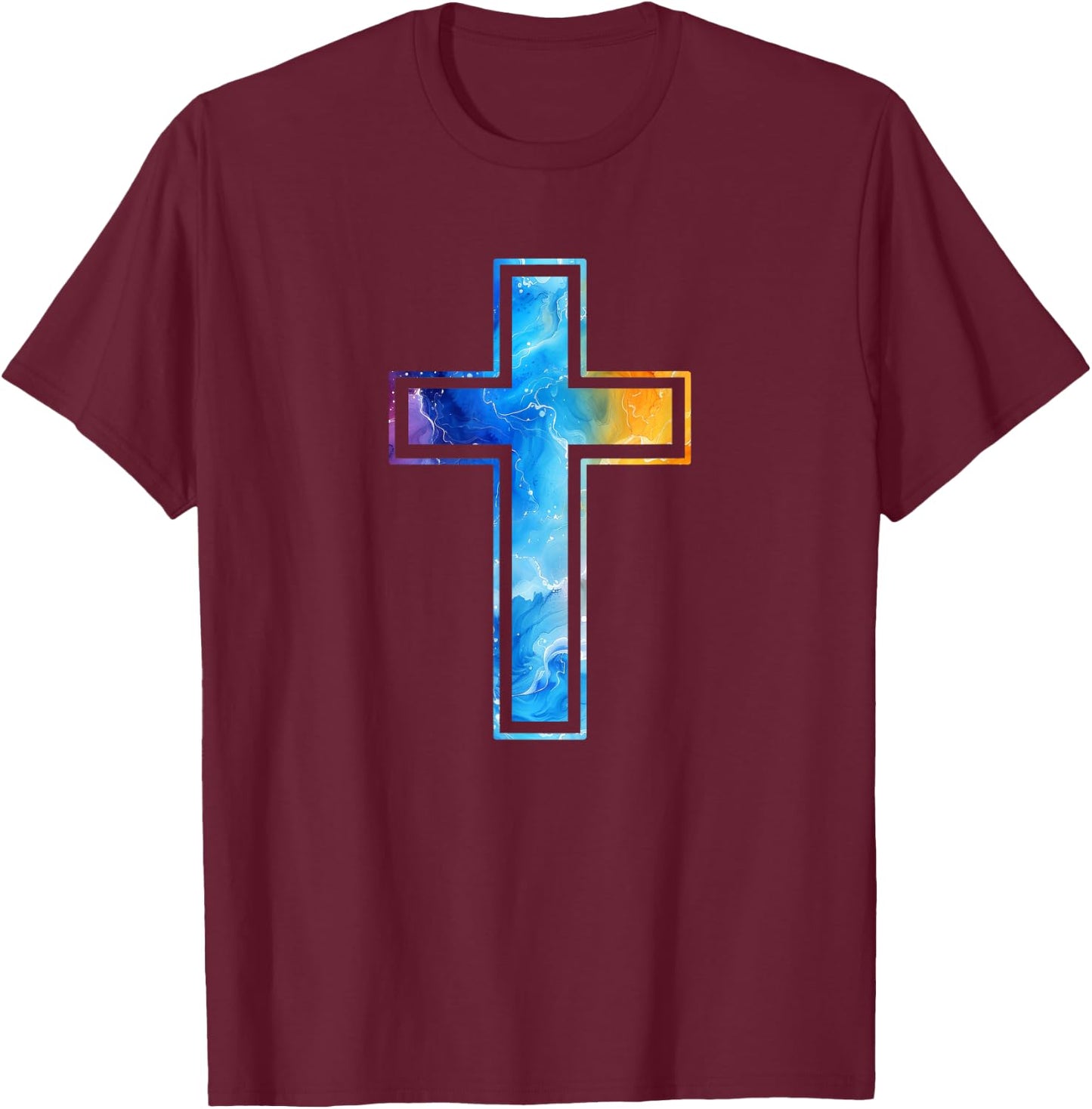 Silhouette Religious Faith Watercolor Cross Christian , Black, S T-Shirt - T-Shirt | Maroon