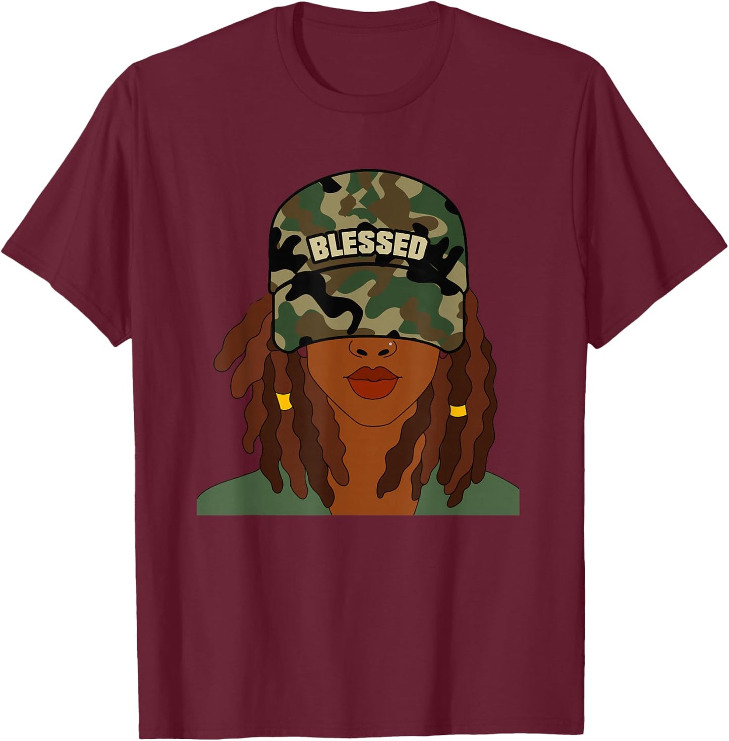 Blessed Camo Hat Locs Black Woman Christian T-Shirt - T-Shirt | Maroon