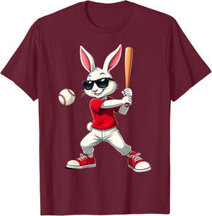 Easter Baseball Cool Bunny Playing Baseball Kids Boys Easter T-Shirt - T-Shirt | Maroon