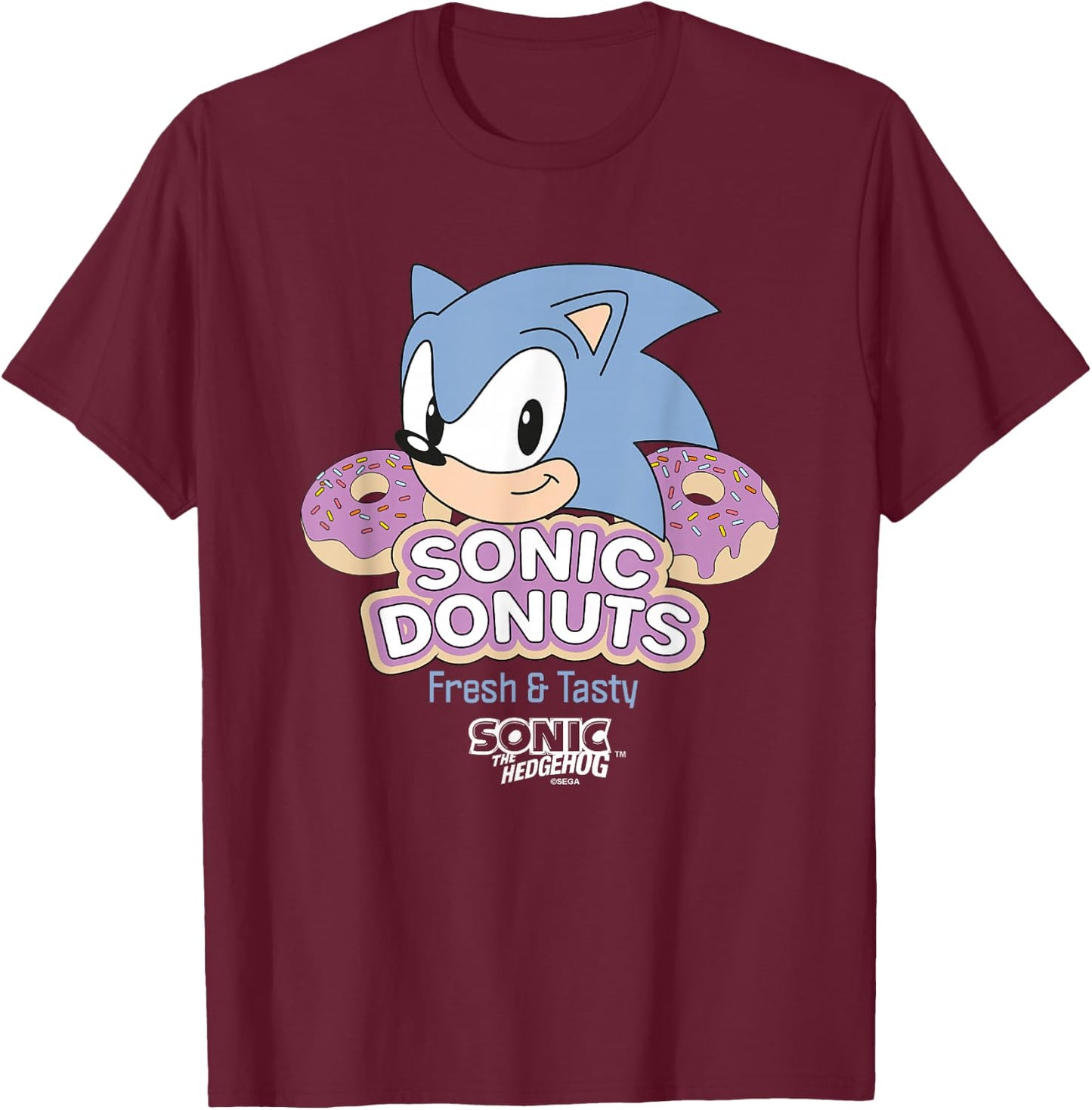 Sonic The Hedgehog Sonic Donuts Fresh & Tasty Vintage Ad T-Shirt - T-Shirt | Maroon
