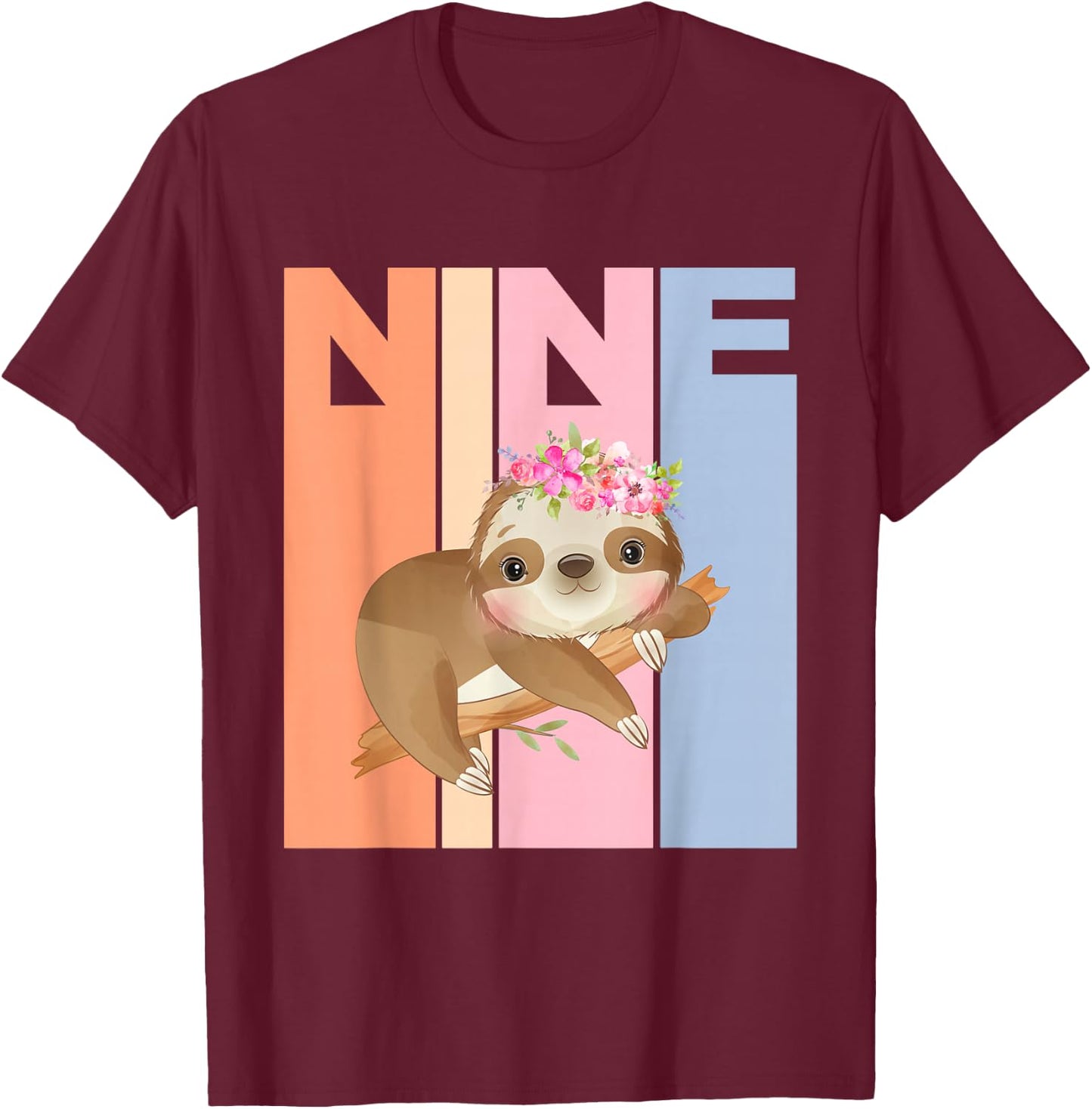 9 Years Old Cute Sloth Birthday Girl 9th Birthday Party T-Shirt - T-Shirt | Maroon