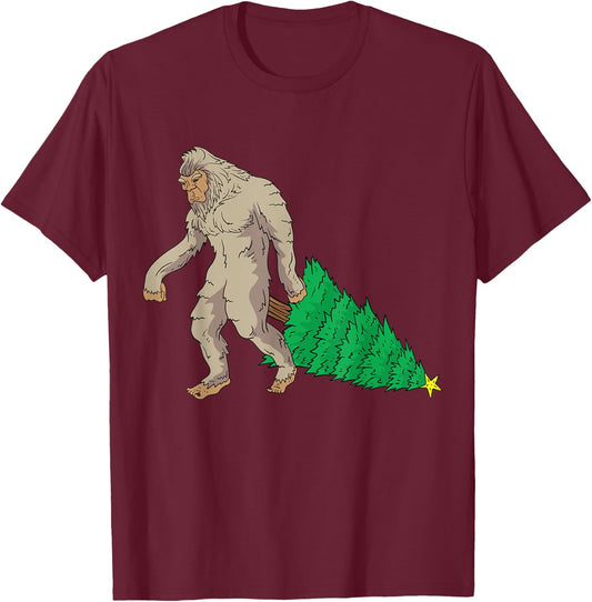 Bigfoot Santa Claus Hat Sasquatch Christmas Tree Funny Gift T-Shirt - T-Shirt | Maroon