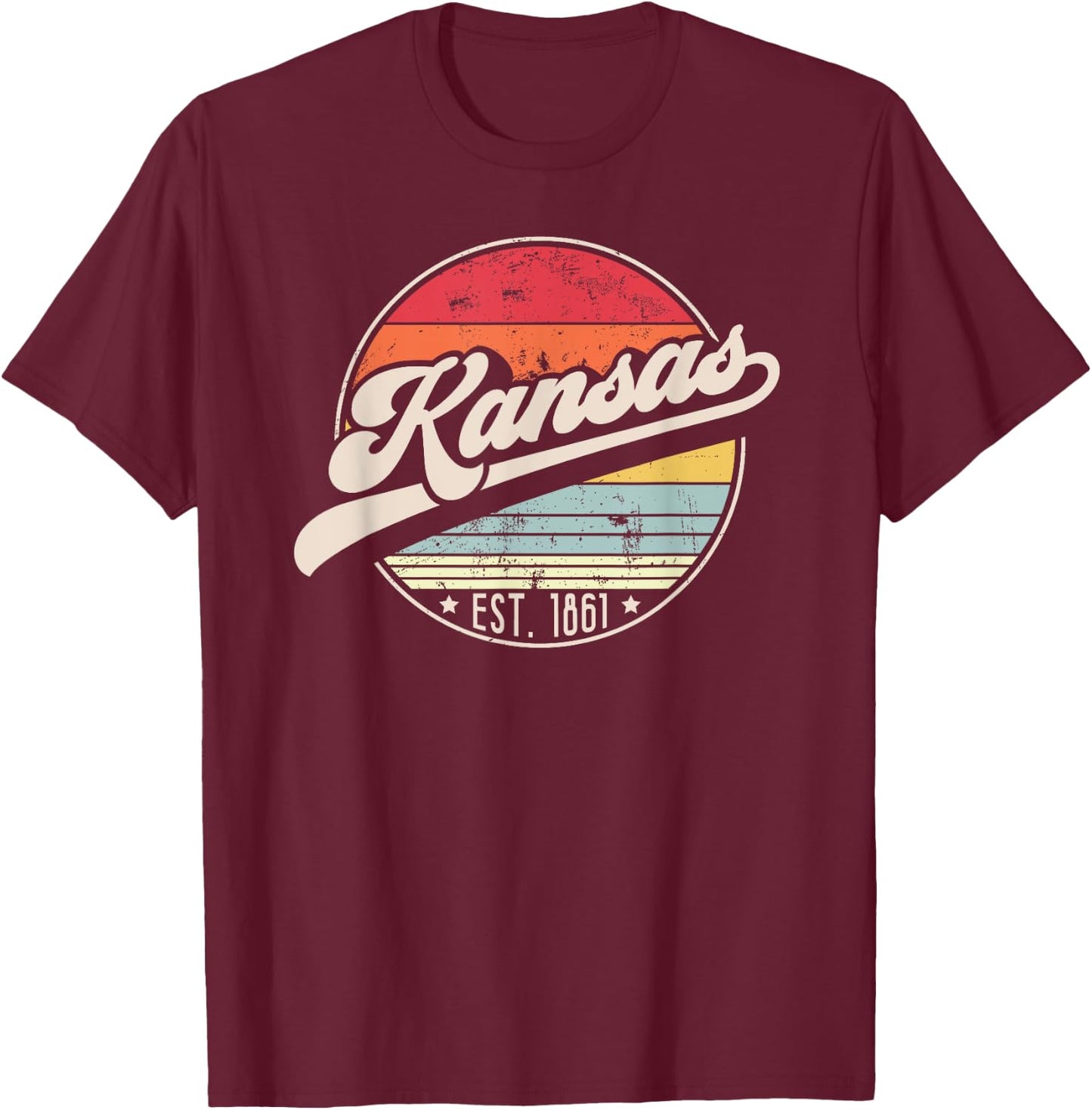 Retro Kansas Home State KS Cool 70s Style Sunset T-Shirt - T-Shirt | Maroon
