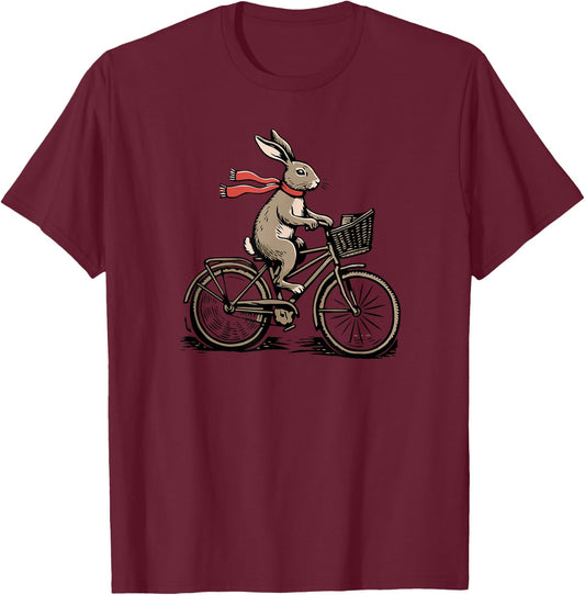 Rabbit Riding a Bicycle Retro Hare Whimsical Vintage Bunny T-Shirt - T-Shirt | Maroon