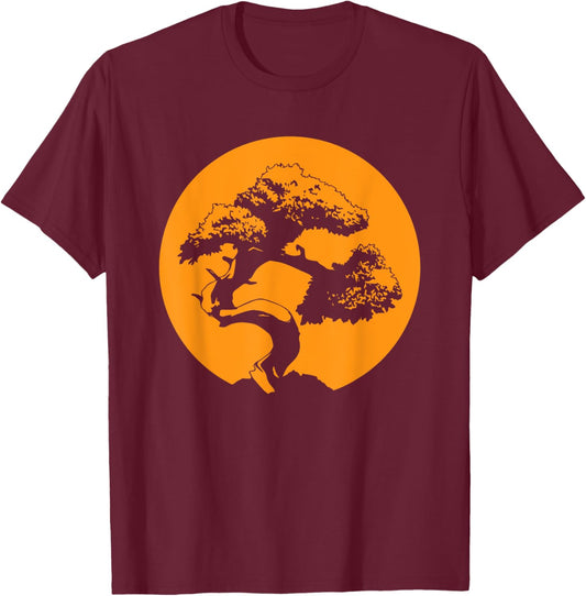Japanese Bonsai Tree with Orange Sunset T-Shirt - T-Shirt | Maroon