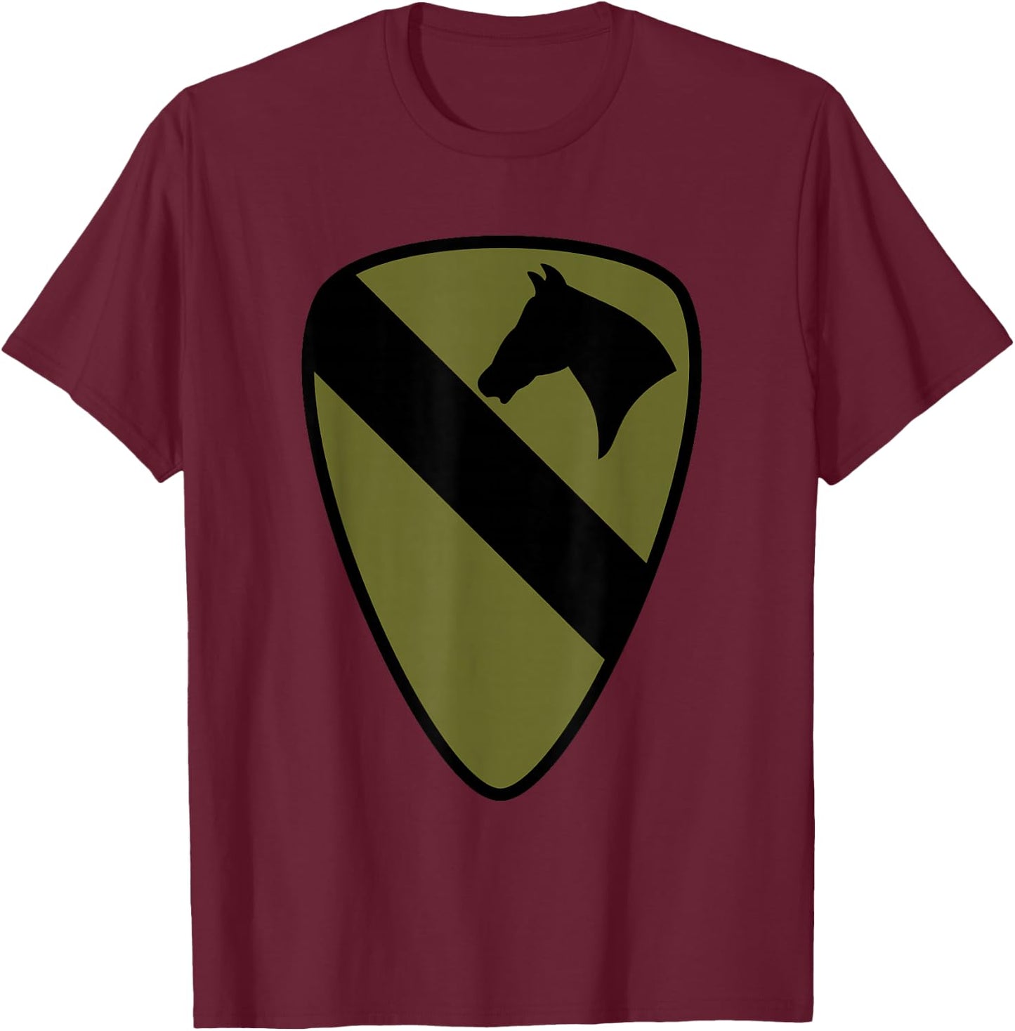 1st Cavalry Division Patch - 1st CAV OD Green Camo T-Shirt - T-Shirt | Maroon